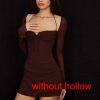 Long Sleeve Mesh Tie Up Hollow Drawstring Mini Dress