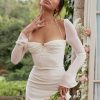 Long Sleeve Mesh Tie Up Hollow Drawstring Mini Dress