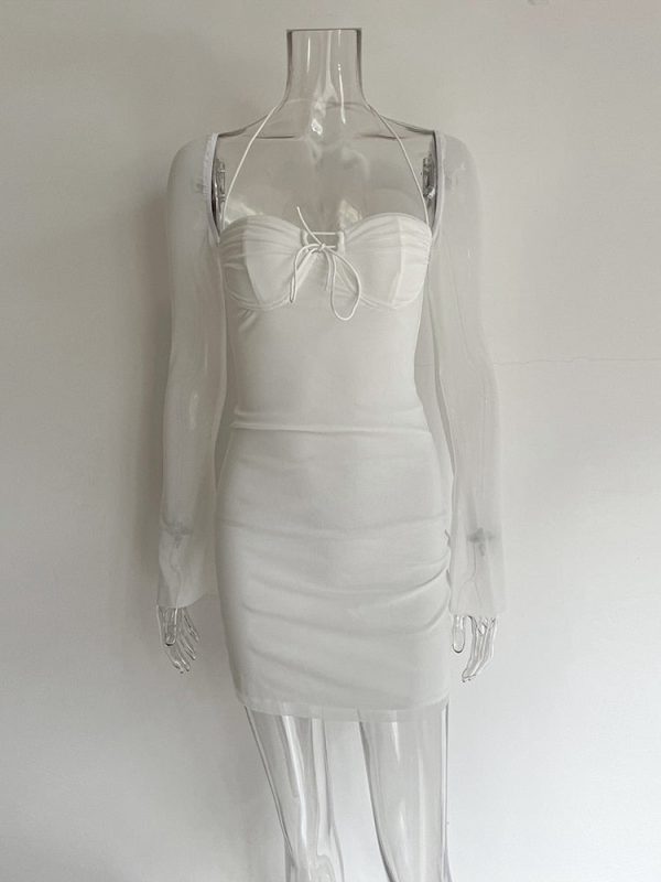 Long Sleeve Mesh Tie Up Hollow Drawstring Mini Dress