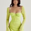 Long Sleeve Mesh Tie Up Hollow Drawstring Mini Dress