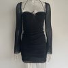 Long Sleeve Mesh Tie Up Hollow Drawstring Mini Dress