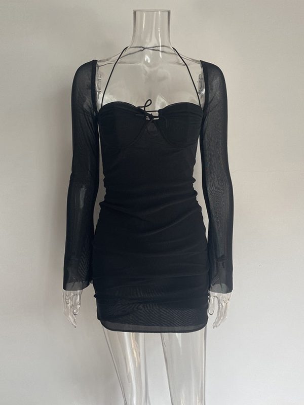 Long Sleeve Mesh Tie Up Hollow Drawstring Mini Dress