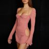 Long Sleeve Mesh Tie Up Hollow Drawstring Mini Dress