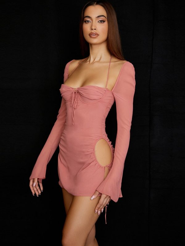 Long Sleeve Mesh Tie Up Hollow Drawstring Mini Dress