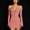Long Sleeve Mesh Tie Up Hollow Drawstring Mini Dress
