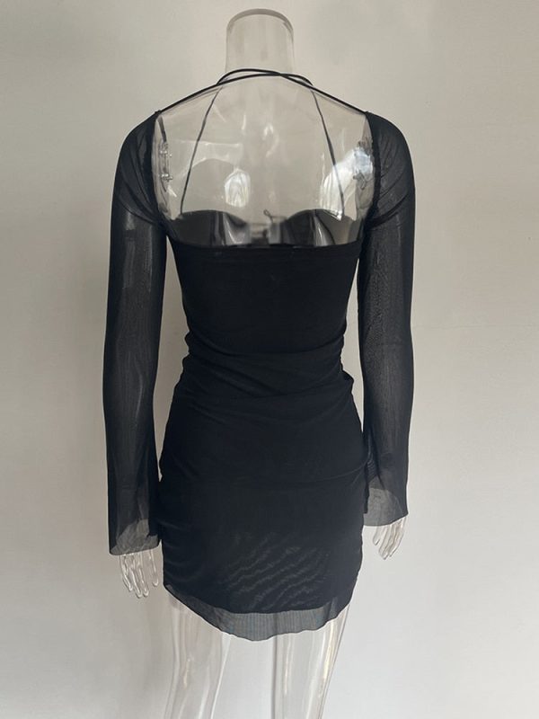 Long Sleeve Mesh Tie Up Hollow Drawstring Mini Dress
