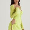 Long Sleeve Mesh Tie Up Hollow Drawstring Mini Dress