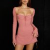 Long Sleeve Mesh Tie Up Hollow Drawstring Mini Dress