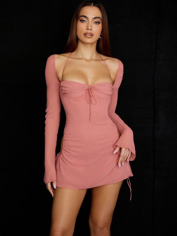 Long Sleeve Mesh Tie Up Hollow Drawstring Mini Dress