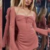Long Sleeve Mesh Tie Up Hollow Drawstring Mini Dress