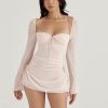 Long Sleeve Mesh Tie Up Hollow Drawstring Mini Dress