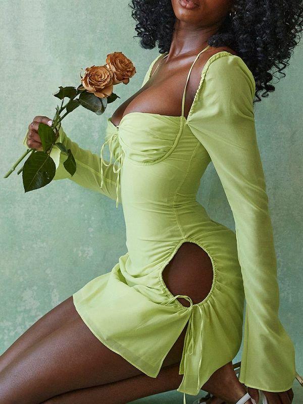 Long Sleeve Mesh Tie Up Hollow Drawstring Mini Dress