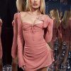 Long Sleeve Mesh Tie Up Hollow Drawstring Mini Dress