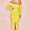Long Sleeve Off Shoulder Slit Bandage Maxi Prom Formal Dress - Yellow