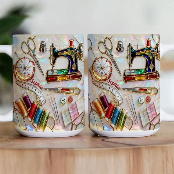 Love Sewing Stained Glass - Personalized White Edge-to-Edge Mug - Gift For Her HH01