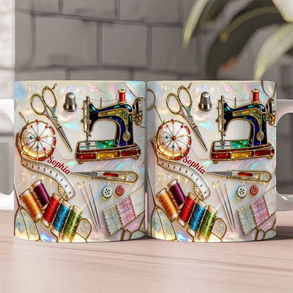 Love Sewing Stained Glass - Personalized White Edge-to-Edge Mug - Gift For Her HH01