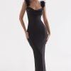 Luxury Cowl Neck Furry Sleeveless Fishtail Satin Evening Maxi Dress - Black