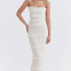Luxury Layered Ruffle Spaghetti Strap Smocked Pleated Evening Maxi Dress - Ivory