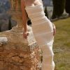 Luxury Layered Ruffle Spaghetti Strap Smocked Pleated Evening Maxi Dress - Ivory