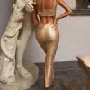 Luxury Metallic Bandage Cutout Bodycon Split Cocktail Party Midi Dress - Gold