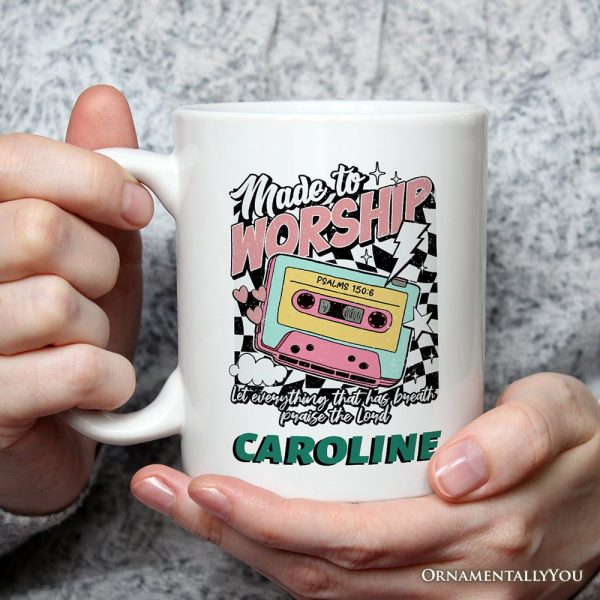Made to Worship Christian Retro Personalized Mug, Psalm 150:6 Bible Verse Gift with Custom Name