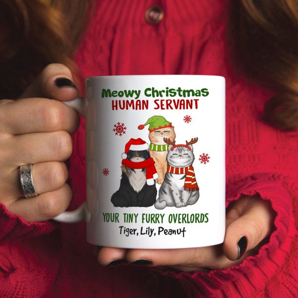 Meowy Christmas Human Servant Your Tiny Furry Overlords, Personalized Cat Christmas Mug, Christmas Gift