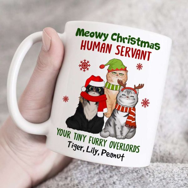 Meowy Christmas Human Servant Your Tiny Furry Overlords, Personalized Cat Christmas Mug, Christmas Gift
