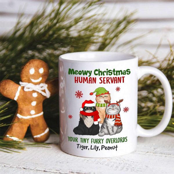 Meowy Christmas Human Servant Your Tiny Furry Overlords, Personalized Cat Christmas Mug, Christmas Gift