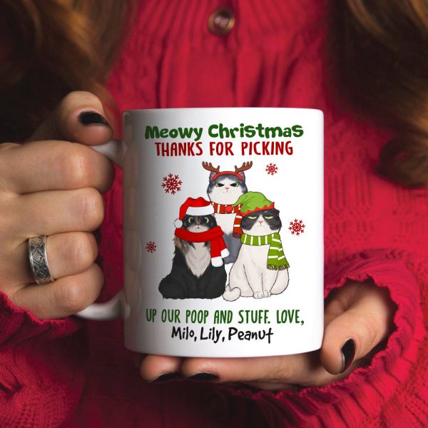 Meowy Christmas Thanks For Picking Up Our Stuff, Personalized Cat Christmas Mug, Christmas Gift