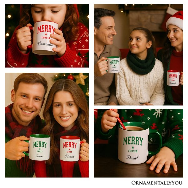 Merry Cousin Christmas Personalized Mug, Matching Family Holiday Gift with Custom Name