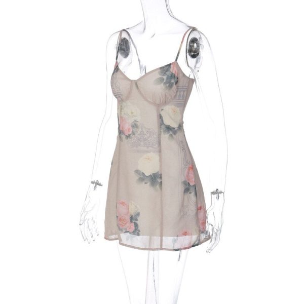 Mesh Layered Floral Strap Mini Dress