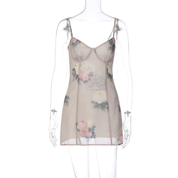 Mesh Layered Floral Strap Mini Dress