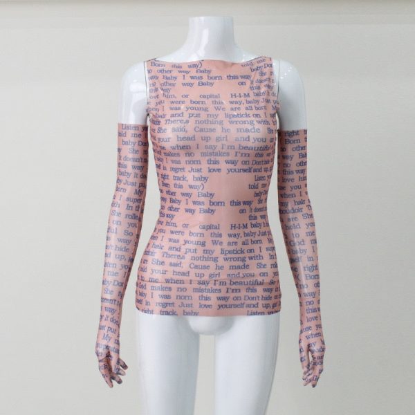 Mesh Letter Print Sleeveless Top With Gloves