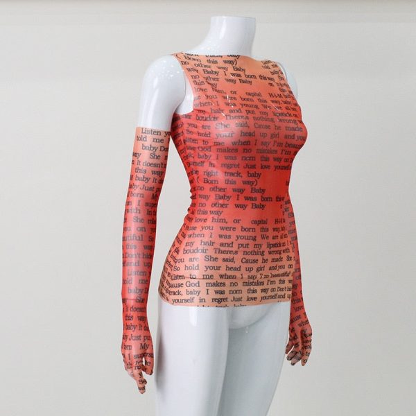 Mesh Letter Print Sleeveless Top With Gloves