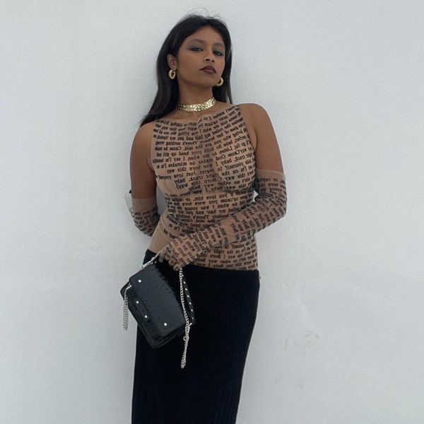 Mesh Letter Print Sleeveless Top With Gloves