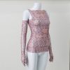 Mesh Letter Print Sleeveless Top With Gloves
