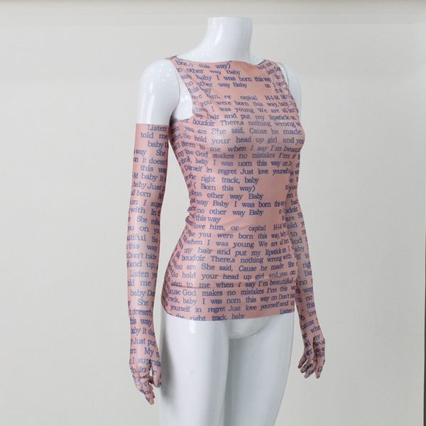 Mesh Letter Print Sleeveless Top With Gloves