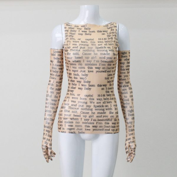 Mesh Letter Print Sleeveless Top With Gloves