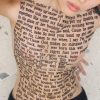 Mesh Letter Print Sleeveless Top With Gloves