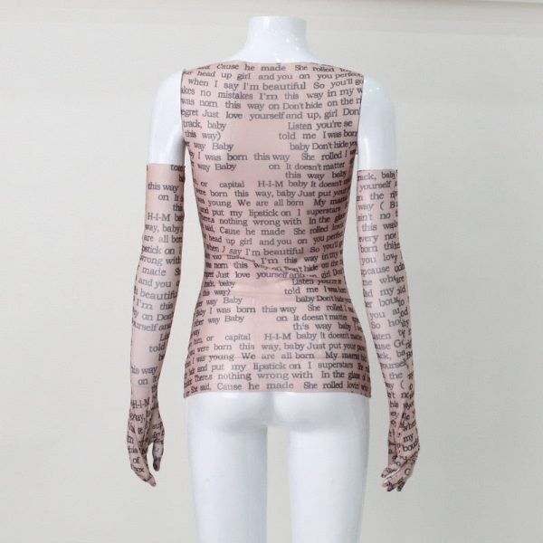 Mesh Letter Print Sleeveless Top With Gloves