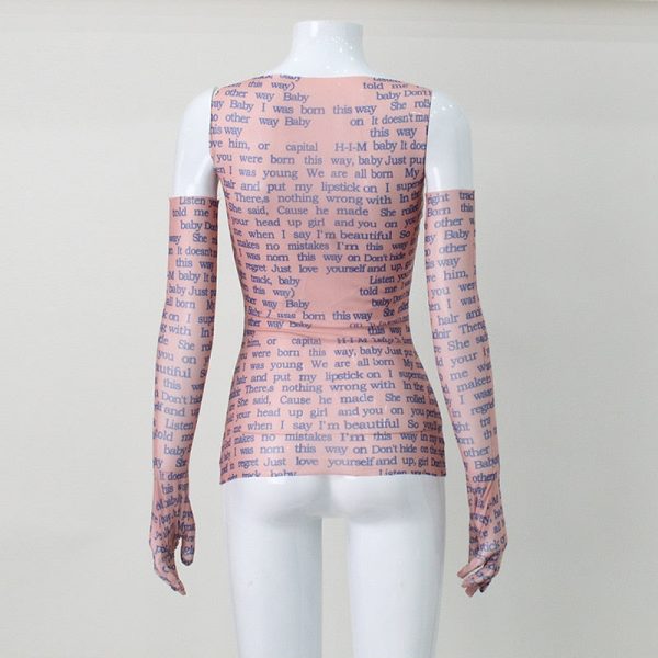 Mesh Letter Print Sleeveless Top With Gloves