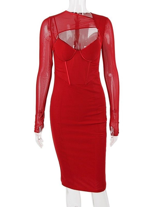 Mesh Long Sleeve Corset Midi Dresses