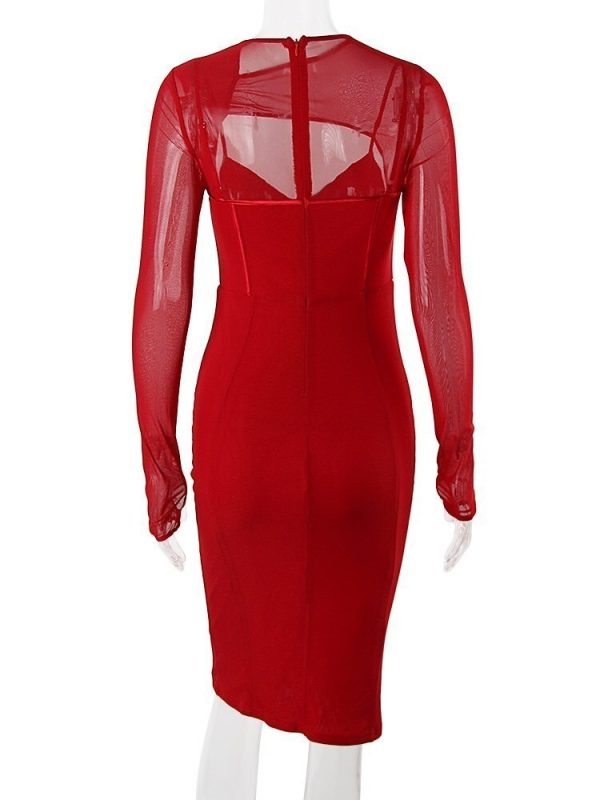 Mesh Long Sleeve Corset Midi Dresses