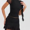 Mesh Ruffle Short Sleeve Top And Mini Skirt Set