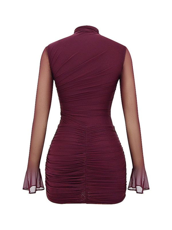 Mesh High Mock Neck Bodycon Ruched Mini Dress