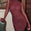 Mesh High Mock Neck Bodycon Ruched Mini Dress