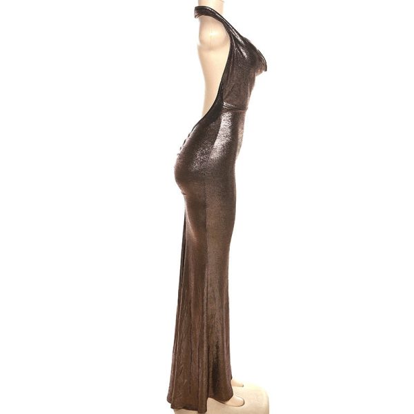 Metallic Drape Chest Backless Maxi Dress