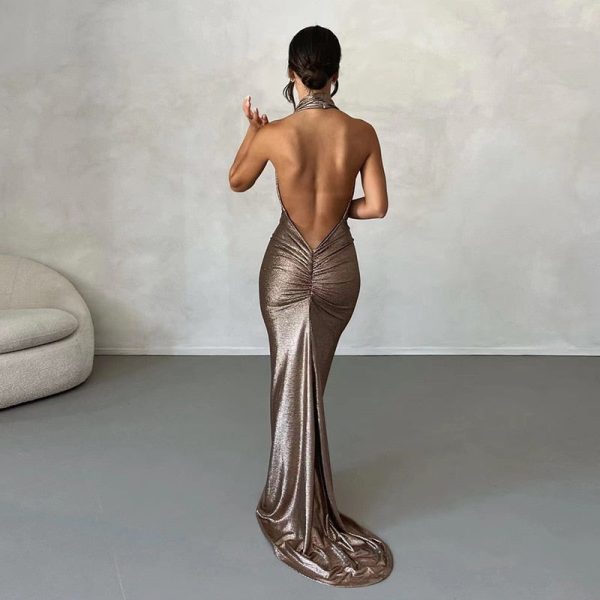 Metallic Drape Chest Backless Maxi Dress