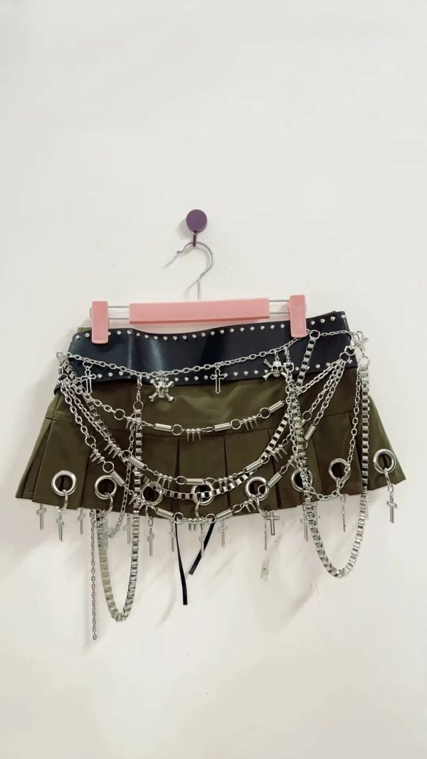 Micro Mini Pleated Belted Chain Skirt