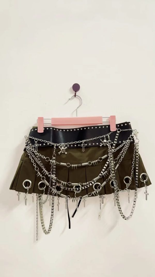 Micro Mini Pleated Belted Chain Skirt